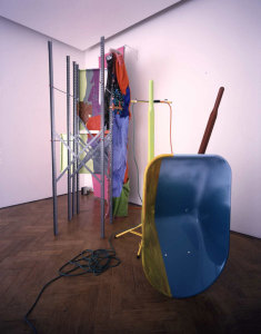 Jessica Stockholder, Coupling, 1998, Metal, textile, plastic, paint, electric heater, Collection Stedelijk Museum Amsterdam