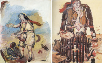 Left: Georg Baselitz, Ökonomie , 1965, oil on canvas,162 x 130 cm, Private Collection, Photo: Jochen Littkemann-Berlin, © Georg Baselitz 2019. Right: Georg Baselitz, Verschiedene Zeichen, 1965, oil on canvas,162 x 130 cm, Fondation Beyeler-Basel, Photo: Robert Bayer, © Georg Baselitz 2019