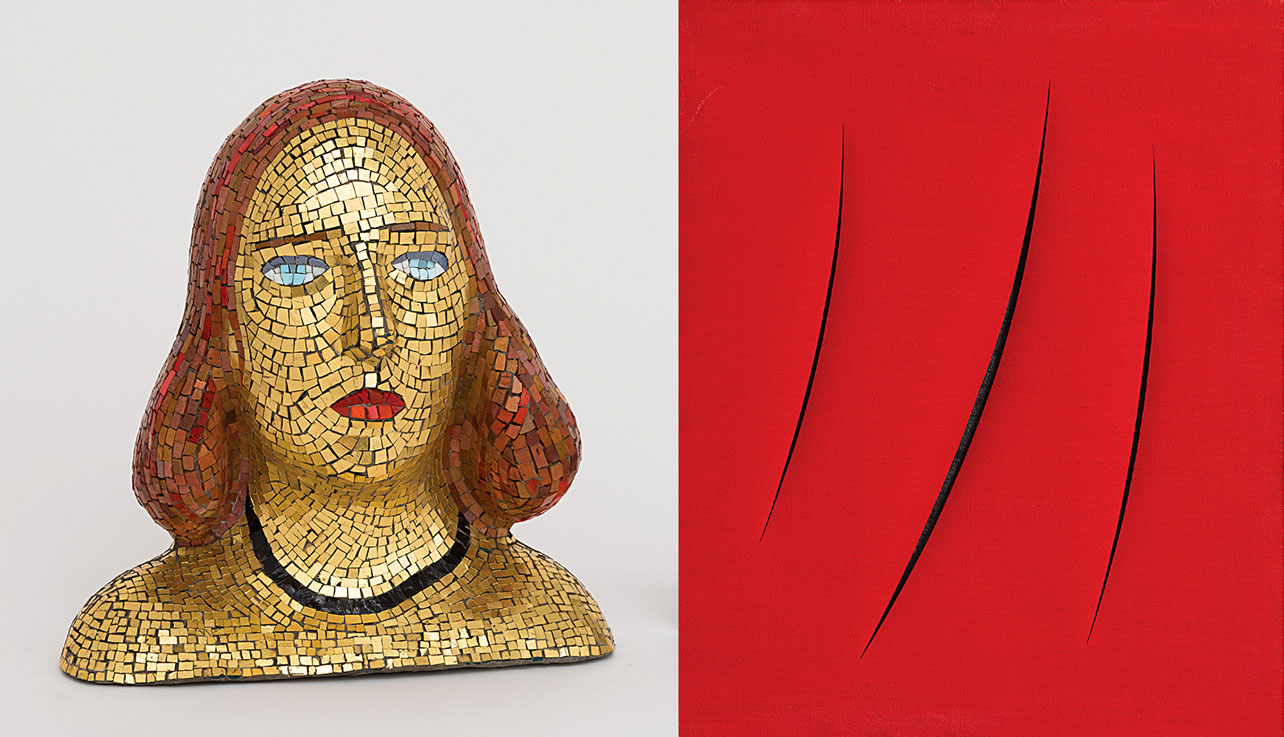 Left: Lucio Fontana. Portrait of Theresita. 1940. Photo: Fondazione Lucio Fontana, Milan / Artists Rights Society (ARS), New York / SIAE, Rome. Right: Lucio Fontana. Spatial concept. Expectation. 1961. Private Collection. Photo: Fondazione Lucio Fontana / Daniel Molayoli