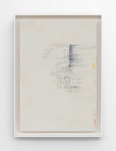 Edmund de Waal, Wu-chüeh: two poems, 2020 Kaolin, gold leaf, graphite, compressed charcoal, and oil stick on ash, in aluminum frame, 92 × 66 × 7.5 cm, © Edmund de Waal, Courtesy the artist and Gagosian