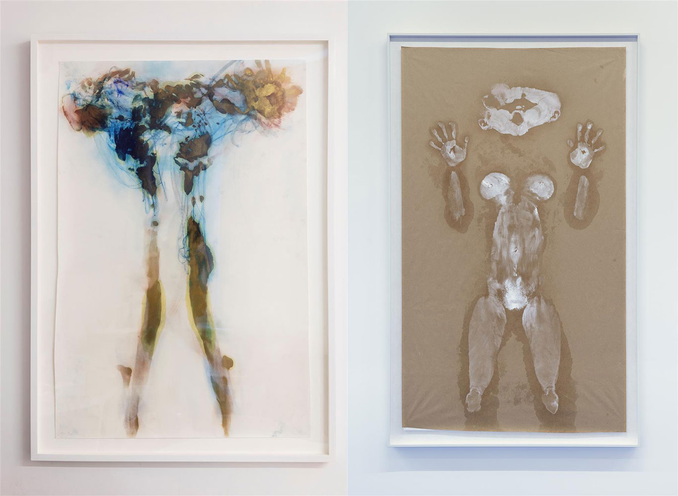 Left: Tosh Basco, Shatter and Embrace (for Hijikata), 2017, pigment on paper, © Tosh Basco, Courtesy the artist and Rockbund Art MuseumRight: Tosh Basco, untitled (vagaries of selfhood)" 2016, clown white on paper, © Tosh Basco, Courtesy the artist and Rockbund Art Museum 