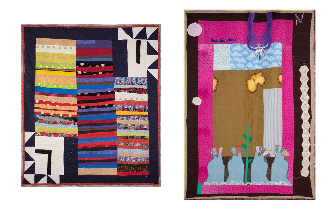 Left: Yvonne Wells, Stripes With Black And White Corners, 2012, Assorted fabrics, 68.5 x 62.5 inches, © Yvonne Wells, Courtesy the artist and Fort GansevoortRight: Yvonne Wells, Signs in the Sky, 2005, Assorted fabrics, 100.75 x 69.75 inches, © Yvonne Wells, Courtesy the artist and Fort Gansevoort 