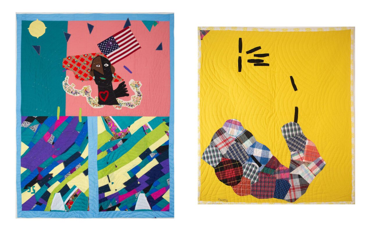 Left: Yvonne Wells, That's Me, 2000, Assorted fabrics, 92.5 x 73 inches, © Yvonne Wells, Courtesy the artist and Fort GansevoortRight: Yvonne Wells, Sea Monster, 1990, Assorted fabrics, 49 x 42.5 inches, © Yvonne Wells, Courtesy the artist and Fort Gansevoort 