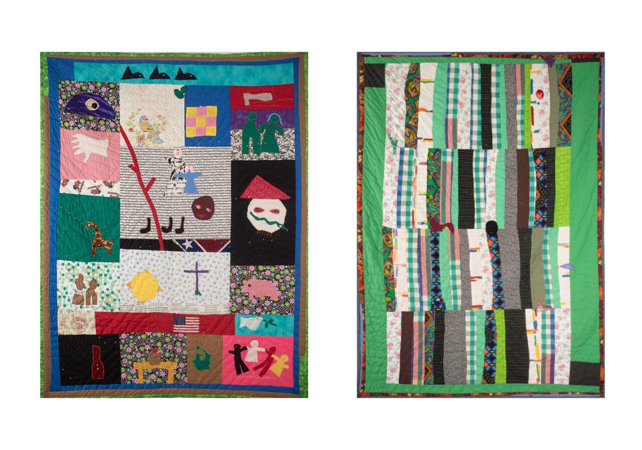 Left: Yvonne Wells, Crazy Quilt, 2017, Assorted fabrics, 73.25 x 55 inches, © Yvonne Wells, Courtesy the artist and Fort GansevoortRight: Yvonne Wells, Striped Quilt Spirit Face, 2010, Assorted fabrics, 77 x 53.5 inches, © Yvonne Wells, Courtesy the artist and Fort Gansevoort 