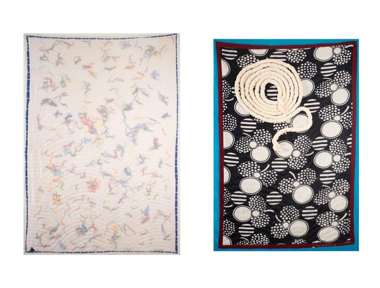 Left: Yvonne Wells, Untied Knots, 1990, Assorted fabrics, 68.5 x 46 inches, © Yvonne Wells, Courtesy the artist and Fort GansevoortRight: Yvonne Wells, Unwind, 2010, Assorted fabrics, 57 x 38 inches, © Yvonne Wells, Courtesy the artist and Fort Gansevoort 