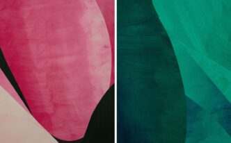 Photo left: Sarah Crowner, Elevation, Dusk or Dawn, 2024 (detail), Acrylic on canvas, sewn, 72 x 90 inches (182.9 x 228.6 cm), © Sarah Crowner, Photo: Maris Hutchinson, Courtesy Gagosian. Photo right: Sarah Crowner, Tropical Nocturnal, 2024 (detail), Acrylic on canvas, sewn, 96 x 72 inches (243.8 x 182.9 cm), © Sarah Crowner, Photo: Maris Hutchinson, Courtesy Gagosian