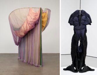 Left: Rosemary Mayer. Galla Placidia, 1973. Satin, rayon, nylon, cheesecloth, nylon netting, ribbon, dyes, wood, and acrylic paint. 8′ 2″ × 6′ 6″ × 7′ (248.9 × 198.1 × 213.4 cm). Gift of Alice and Tom Tisch and Committee on Painting and Sculpture Funds. The Museum of Modern Art, New York. © 2024 Courtesy of the Estate of Rosemary Mayer. Digital image © 2024 The Museum of Modern Art, New York, photo by Jonathan Muzikar Right: Mrinalini Mukherjee. Yakshi, 1984. Dyed hemp. 8′ 1″ × 48″ × 29″ (246.4 × 121.9 × 73.7 cm). Committee on Painting and Sculpture Funds, and acquired through the generosity of Marlene Hess and James D. Zirin and the Modern Women’s Fund. The Museum of Modern Art, New York. © 2024 Mrinalini Mukherjee. Courtesy of the MM Foundation. Digital image © 2024 The Museum of Modern Art, New York, photo by John Wronn