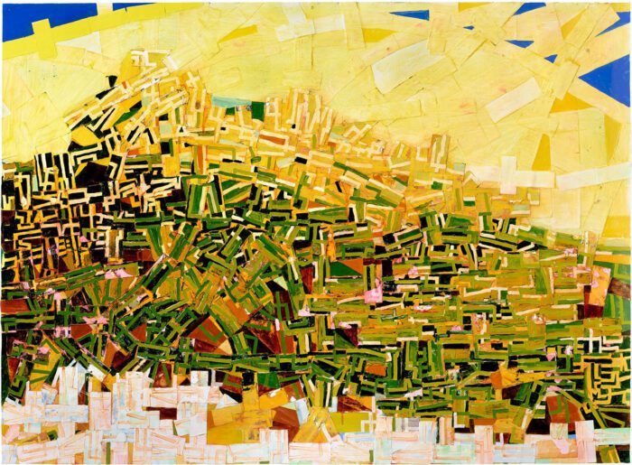 Rick Lowe, Lycabettus Hill, 2024. Acrylic and paper collage on paper, 44 × 60 inches (111.8 × 152.4 cm) © Rick Lowe Studio. Photo: Thomas Dubrock, Courtesy the artist and Gagosian