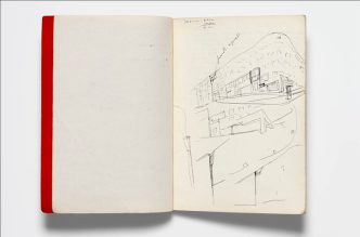 Álvaro Siza, Sketches of preliminary concept for ground level shops with connection detail, Bonjour Tristesse 1981(notebook no 89), Canadian Centre for Architecture Archive