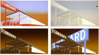 Ed Ruscha, Standard Station, Mocha Standard, Cheese Mold Standard with Olive, and Double Standard, 1966–69, © Ed Ruscha, Gagosian Gallery Archive