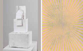 Left: Cy Twombly, Untitled (Lexington), 2009, © Cy Twombly Foundation, Photo: Rob McKeever, Gagosian Gallery Archive. Right: Mark Grotjahn, Untitled (Deco Pink and Lemon Yellow Butterfly 45.95), 2016, © Mark Grotjahn, Photo: Douglas M. Parker Studio, Gagosian Gallery Archive