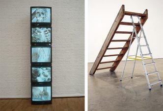 Flying Over The Abyss, Installation View, Left: Marina Abramović, Cleaning the Mirror #1, 1995. Right: Savvas Christodoulides, Ladders Joined Together, 2012, Neon Archive