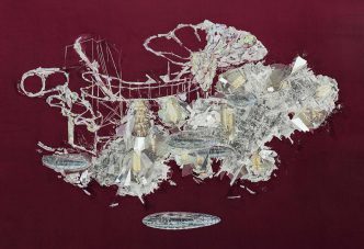 Lee Bul, Untitled (Willing To Be Vulnerable), 2016, Mother of pearl, acrylic panel, PVC panel, acrylic paint, collage on silk velvet, 3 x 130 x 96 cm, Photo: Jeon Byung-cheol, Courtesy Studio Lee Bul and Lehmann Maupin - New York and Hong Kong