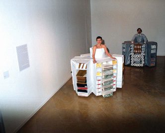 Maureen Connor, Personnel 3 - Portable Storage, 2002, Nylon, vinyl, steel, storage items, Dimensions variable, CUE Art Foundation ArchiveMaureen Connor, Personnel 3 - Portable Storage, 2002, Nylon, vinyl, steel, storage items, Dimensions variable, CUE Art Foundation Archive