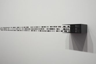 Ryoji Ikeda, π, e, ø (Installation version), 16mm film (binary codes of π, e, ø), Stainless steel, 2010, © Ryoji Ikeda, Photo: Richard-Max Tremblay, Courtesy of DHC/ART Foundation for Contemporary Art, Almine Rech Gallery Archive