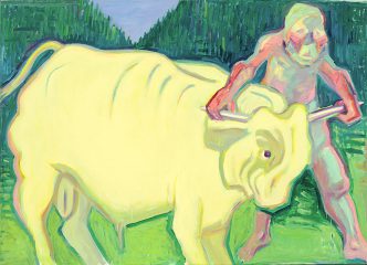 Maria Lassnig, Den Stier bei den Hörnern packen, mid ‘80s, Oil on canvas, 145 x 200 cm, Maria Lassnig Foundation, © Maria Lassnig Foundation, Municipal Gallery of Athens Archive