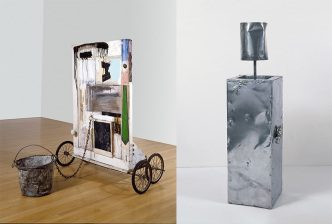 Left: Robert Rauschenberg, Gift for Apollo, 1959, Oil, fragments of a pair of men’s pants, necktie, wood, fabric, newspaper, printed paper, and printed reproductions on wood with metal bucket, metal chain, doorknob, L-brackets, metal washer, mail, cement, and rubber wheels with metal spokes, 111.1 × 74.9 × 104.1 cm (variable), The Museum of Contemporary Art-Los Angeles, The Panza Collection, MoMA Archive. Right: Robert Rauschenberg, Pail for Ganymede, 1959, Sheet metal and enamel over wood, with crank, gear, sealing wax, and tin can, 48.3 × 12.7 × 14 cm (variable). Robert Rauschenberg Foundation, New York. Photo: Glenn Steigelman. © 2017 Robert Rauschenberg Foundation, MoMA Archive