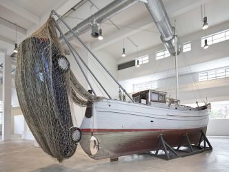 Elisabetta Benassi, MareoMerz, 2013, Fishing boat, car, net, 9 x 12 x 3 m, Courtesy Fondazione Merz, Fondazione MAXXI Archive