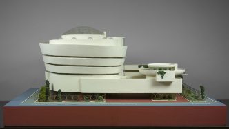 Frank Lloyd Wright, Solomon R. Guggenheim Museum, New York,1943–59. Model. Painted wood, plastic, glass beads, ink, and watercolor on paper, 71.1 x 157.5 x 111.8 cm, The Frank Lloyd Wright Foundation Archives (The Museum of Modern Art | Avery Architectural & Fine Arts Library, Columbia University, New York)