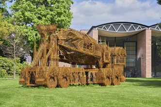 Wim Delvoye, Cement Truck, 2016, Installation view at Solitude Park-Basel, Laser-cut Corten steel, 410 x 950 x 215 cm, Sepherot Foundation-Liechtenstein, © 2017 ProLitteris-Zurich / Wim Delvoye, Photo: Daniel Spehr, Museum Tinguely Archive