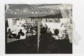 Francisco Copello, Performance, 1990 Collage photograph tulle lace handcrafted paper glitter pencil, 38.5 x 51 cm, Cecilia Brunson Projects Archive