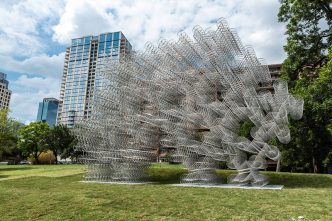 Ai Weiwei, Forever Bicycles, 2014, 1,254 bicycles, Dimensions variable, Installation view at Waller Creek Delta, The Contemporary Austin – Museum Without Walls Program, Austin, Texas, 2017, Artwork © Ai Weiwei Studio, Courtesy Ai Weiwei Studio and Lisson Gallery,Courtesy The Contemporary Austin / Waller Creek Conservancy. Photo:Brian Fitzsimmons