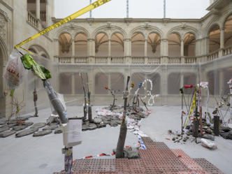 Michael Dean, Tender Tender, 2017, Plastic sheeting, concrete, stickers, metal, paper, Installation in the atrium in old building of LWL-Museum für Kunst und Kultur, 152 × 40 cm, 107 × 35 cm, 170 × 45 cm & 175 × 45 cm, © Skulptur Projekte 2017, Photo: Henning Rogge