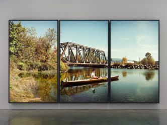 Rodney Graham, Paddler, Mouth of the Seymour, 2012-13, Three aluminum lightboxes with transmounted chromogenic transparencies, Collection of the Vancouver Art Gallery