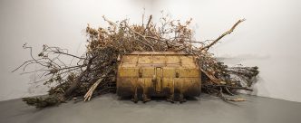 Alper Aydin, D8M, 2017 Bulldozer blade, trees 390 x 530 x 560 cm Courtesy of the artist Produced and presented with the support of Ayşegül & Ömer Özyürek and SAHA –Supporting Contemporary Art from Turkey, Photo: Sahir Uğur Eren