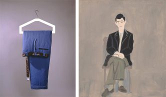 Left: Claes Oldenburg, Giant Blue Men's Pants (Detail), 1962, Liquitex and latex painted canvas filled with shredded foam, painted wood, and wire, 157.5 x 71.1 x 20.3 cm, Peter Freeman, Inc. Archive. Right: Alex Katz, Richard Bellamy, 1960, Oil on linen, 101.6 x 91.1 cm, Whitney Museum of American Art, New York; gift of Seymour Levine 61.36, © Alex Katz / Licensed by VAGA-New York, Peter Freeman, Inc. Archive