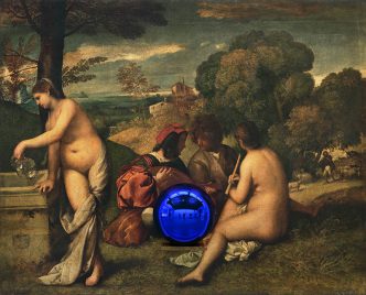 Jeff Koons, Gazing Ball (Titian Pastoral Concert), 2016, Oil on canvas, glass and aluminum, 152.4 x 188 x 37.5 cm, ©Jeff Koons, Photo: Fredrik Nilsen, Courtesy Gagosian