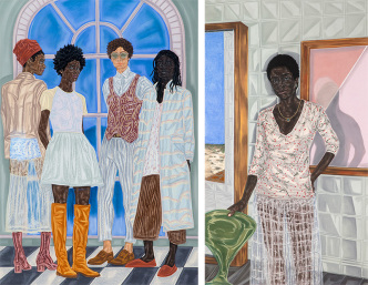 Left: Toyin Ojih Odutola, Representatives Of The State, 2016-17, Charcoal, pastel and pencil on paper, 191.8 x 127 cm) ©Toyin Ojih Odutola, Courtesy of the artist and Jack Shainman Gallery-New York, Right: Toyin Ojih Odutola, Pregnant, 2017, Charcoal, pastel and pencil on paper, 74 1/2 x 42 inches. ©Toyin Ojih Odutola, Courtesy of the artist and Jack Shainman Gallery, New York