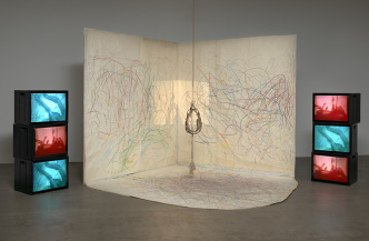 Carolee Schneemann, Up to and Including Her Limits, 1973-76. Crayon on paper, rope, harness, 16mm film projector, video (color, sound; 29 min.), and six monitors, Dimensions variable, The Museum of Modern Art, New York, Committee on Drawings Funds and Committee on Media and Performance Art Funds, 2012, © 2015 Courtesy of Carolee Schneemann and PPOW Gallery-NY, Digital image © 2015 The Museum of Modern Art-New York. Photo: Jonathan Muzikar