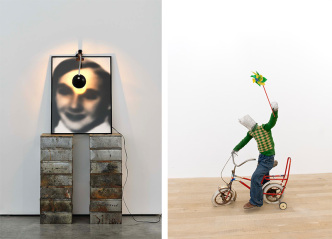 Left: Christian Boltanski, Monument: La Fête de Pourim, 1992, Courtesy the artist Galerie Marian Goodman 120 x 60 cm (overall) Box: 9.5 x 23.5 x 21.8 cm (each) Frame: 60 x 46 cm) 17006) Christian Boltanski Monument: La Fête de Pourim, 1992 Tin boxes, black and white photograph under Plexiglas, a lamp, electric wire 120 x 60 cm (overall) Box: 9.5 x 23.5 x 21.8 cm (each) Frame 60 x 46 cm, Tin boxes, black and white photograph under Plexiglas, a lamp, electric wire, Artwork exhibited by : Marian Goodman. Right: Vlassis Caniaris Child, 1980, Courtesy the estate of the artist and Galerie Peter Kilchmann-Zurich