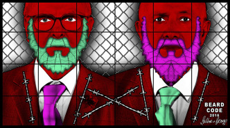 Gilbert & George, BEARD CODE, 2016, Mixed media, 254 x 452 cm, © Gilbert & George, Courtesy the artists and Lehmann Maupin New York/Hong Kong