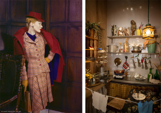 Left: Lee Miller, CHECKMATE -Checks cleverly placed-London, England, 1943, © Lee Miller Archives, England 2017, Kulturhuset Stadsteatern Archive. Right: Scenography produced by Kulturhuset Stadsteatern over a typical kitchen for the exhibition: Lee Miller-War and Fashion, Photo: Matilda Rahm, Kulturhuset Stadsteatern Archive