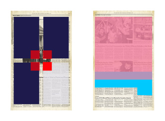 Left: Doug Ashford, Next Day Page A21, 2015 -16, archival inkjet print on Epson Hot Press Bright paper, image: 22 x 13 1/4 inches; sheet: 37 x 23 inches, overall: framed 37 1/2 x 23 inches, Courtesy the artist and Wilfried Lentz-Rotterdam. Right: Doug Ashford, Next Day Page A24, 2015 -16, archival inkjet print on Epson Hot Press Bright paper, image: 22 x 13 1/4 inches; sheet: 37 x 23 inches, overall: framed 37 1/2 x 23 inches, Courtesy the artist and Wilfried Lentz-Rotterdam