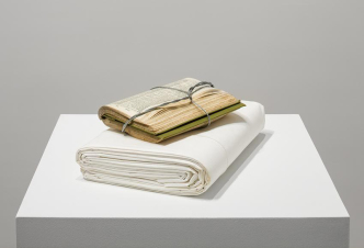 Richard Wentworth, First and Last Word, 2017, Dictionary, soldered galvanized cable and unused linen bed sheet, 9.5 x 30.5 x 20.3 cm, Peter Freeman, Inc. Archive