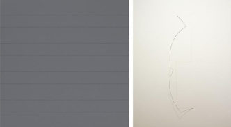 Left: Agnes Martin, Untitled #8, 1989, Acrylic and graphite on canvas, 189.2 cm x 189.2 cm, © Agnes Martin, Pace Gallery Archive. Right: Richard Tuttle, 13th Wire Piece, 1972, florist wire, nails and graphite dimensions variable © Richard Tuttle, Pace Gallery Archive