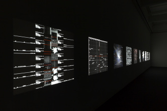 Ryoji Ikeda, data.matrix [nº1-10], 2009, Audiovisual installation, 10 DLP projectors, computers, speakers, wooden plinths, Variable dimensions, © Ryoji Ikeda, Photo: Ryuichi Maruo, Courtesy of the Artist and Almine Rech Gallery