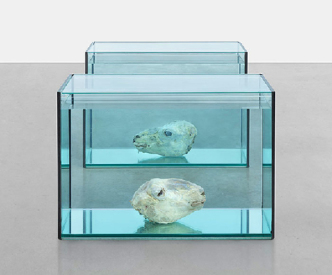 Damien Hirst, Analgesics, 1993, Glass, silicone, acrylic, sheep's heads and formaldehyde solution, 2 parts, each 45.7 x 68.6 x 45.7 cm, © Damien Hirst and Science Ltd. All rights reserved, DACS 2017. Photo: Prudence Cuming Associates