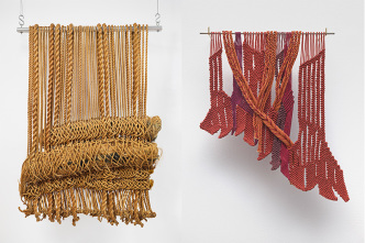 Left: Françoise Grossen, Rudin Management, Fragment 560 Lexington Ave, NY, 1981, Manila rope and loose fiber partially dyed, 62 x 44 x 6 inches, Blum & Poe Gallery Archive. Right: Françoise Grossen, Maquette for Citibank, 111 Wall Street, NY, 1979, Various knotted strings, 16 3/4 x 15 x 1 inches, Blum & Poe Gallery Archive