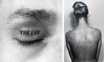 Left: Timm Ulrichs, The End, 1981, Inkjet print on canvas, Dom Museum Vienna, Otto Mauer Contemporary, Photo: Foto-Hoerner, Hannover. Right: Birgit Jόrgenssen, Everyone has their own view, 1975, Photography on baryte paper, Collection of the Cultural Department of the City of Vienna – MUSA, Photo: Birgit Jόrgenssen