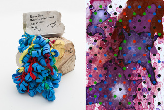 Left: Hassan Sharif, Nylon Satin Ribbon, 2006, Carboard, cloth, glue, plastic caps, nylon thread, cotton rope, paper and marker, Estate of Hassan Sharif, Courtesy Gb agency Paris and Estate of Hassan Sharif. Right: Henri Jacobs, Journal Drawing 547, 28 June 2011, Spots and dots, Watercolour and self-adhesives on Epson paper