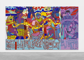 Ajarb Bernard Ategwa, Na Wa Own Saloon B This, 2018, Painting - Acrylic on canvas in two parts, 232 x 295.5 cm and 232 x 96.5 cm , Overall, 232 x 392 cm, Photo: Matthias Kolb, Courtesy Peres Projects, Berlin