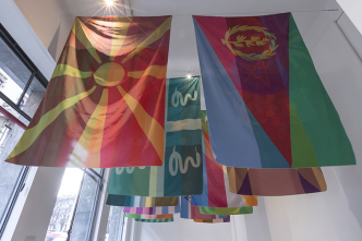 To Breathe – Zone of Nowhere, 2018, Installation view, 12 nylon flags, 243×152 cm (each) Unique, Photo: Lorenzo Palmieri, Courtesy of the artist and Galleria Raffaella Cortese-Milan