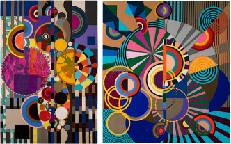 Left: Beatriz Milhazes, Coqueiral em marrom e azul celeste, 2017, Acrylic on, 279 x 189.5 cm, © Beatriz Milhazes. Photo: © Pepe Schettino, Courtesy White Cube. Right: Beatriz Milhazes, Sonho Tropical, 2017, Acrylic on canvas, 270 x 240.5 cm, © Beatriz Milhazes. Photo: © Pepe Schettino, Courtesy White Cube