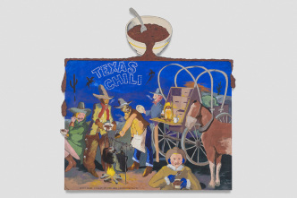 Robert Colescott, Texas Chili, 1976, Acrylic on canvas with wooden cutouts, 104 3/4 x 102 x 2 inches, © Estate of Robert Colescott/Artists Rights Society (ARS)-New York, Courtesy Blum & Poe Gallery