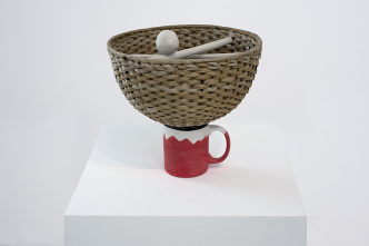 Pedro Barateiro, The Universe in a Cup, 2017, Plaster, cup, rope and basket in metal, acrylic paint and Indian ink, 25,5 X 27,5 X 27,5 cm, View of the Exhibition “Saga”, Galeria Filomena Soares, 2017 , Photo: Francisco Ferreira/ Galeria Filomena Soares, Courtesy of the artist and the Galeria Filomena Soares-Lisbon