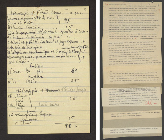 Left: Carl Einstein, "Ethnologie de l’homme blanc", disposition in the omnibus volume "Manual of History of Art", 1930s, manuscript Akademie der Künste-Berlin, Carl-Einstein-Archiv, No. 222, page 10, Courtesy Haus der Kulturen der Welt. Right: Carl Einstein, theses for "Art Reference Book“, 1930s, flag with sticked fragments on it, Akademie der Künste, Berlin, Carl-Einstein-Archiv, No. 244_007, © Akademie der Künste-Berlin, Courtesy Haus der Kulturen der Welt